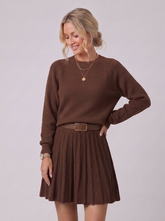 Sweaters - Women's Brown Raglan Sweater Pleated Mini Skirt Knit Two Piece Set Fall Outfit